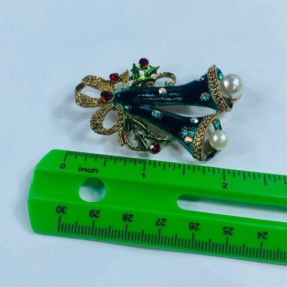 Long Two Bell Christmas Holiday Brooch Pin Holly Faux Pearls Rhinestone Bows - Picture 3 of 16
